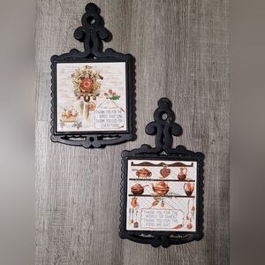 Vintage Japan Cast Iron Trivets w/Ceramic Inserts Set of 2